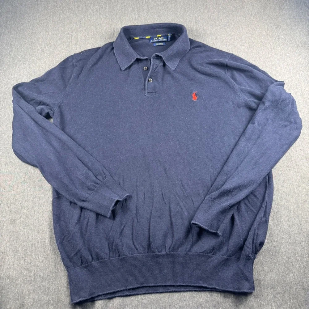 Polo Ralph Lauren Men Navy Blue Pima Cotton Long Sleeve Polo Sweater Size M